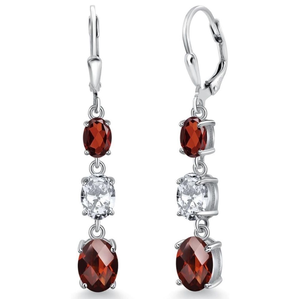 925 Sterling Silver with 7.21 Cttw 3 Stone Garnet and Diamond CZ Drop Earrings